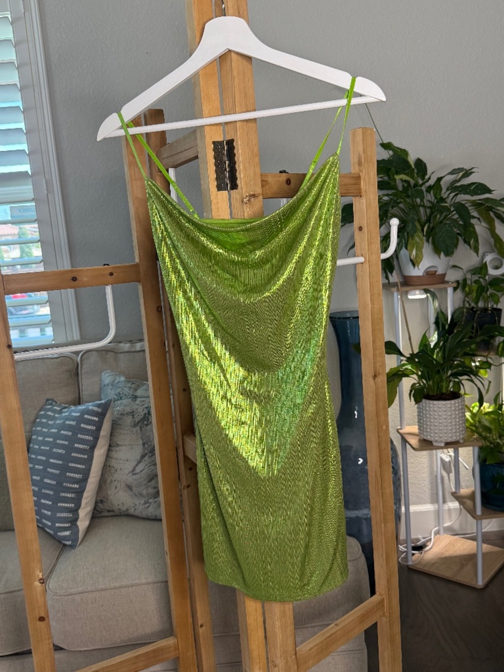 Sincerely Jules Lime Green Metallic Cowl Neck Mini Dress NWT XS